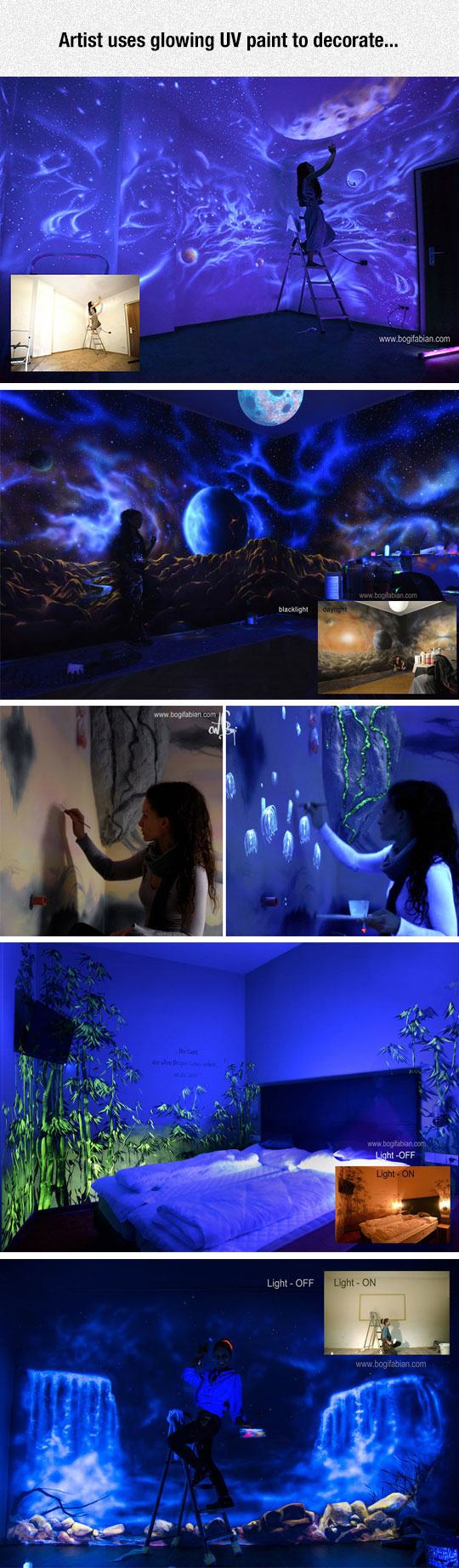 Mural - Artist uses glowing Uv paint to decorate... blacklight Daylight com Light Off LightOn Light Off Light On