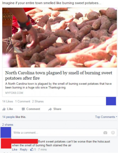 recipe - Imagine if your entire town smelled burning sweet potatoes... North Carolina town plagued by smell of burning sweet potatoes after fire A North Carolina town is plagued by the smell of burning sweet potatoes that have been burning in a huge silo 