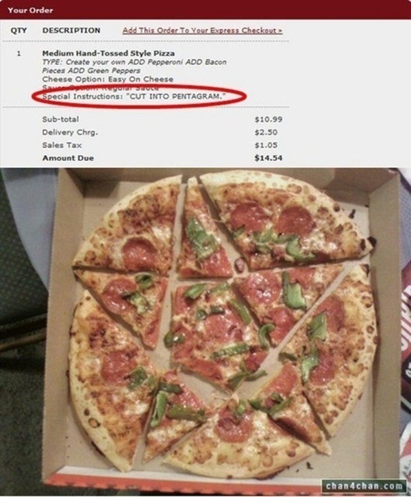 funny instructions pizza delivery instructions - Your Order Qty Description Add This Order To Your Express Checkout Medium HandTossed Style Pizza Type Create your own Add Pepperoni Add Bacon Pieces Add Green Peppers Cheese Option Easy On Cheese Totus Spec