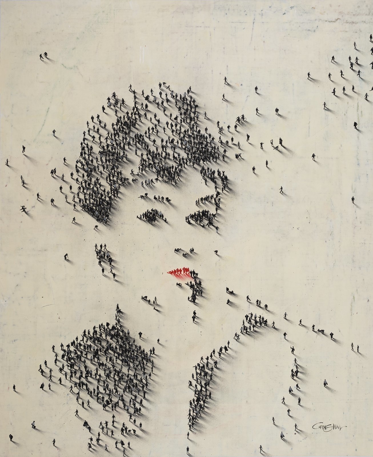 People coming together to create a picture of Audrey Hepburn.