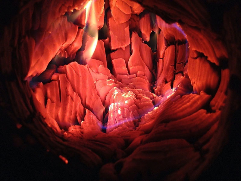 The flames within a log when it's burning.