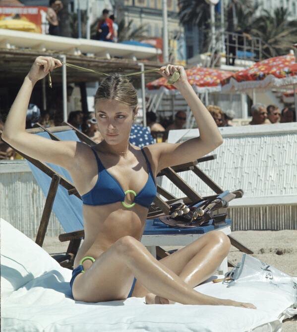 Sharon Tate on the beach at the Cannes Film Festival, 1968