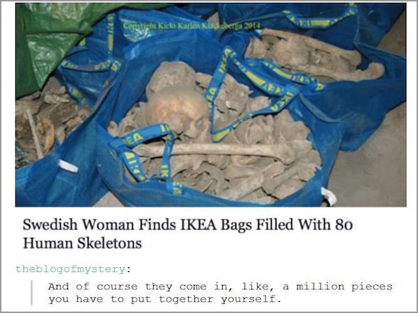 ikea bones meme - Cornight Kicki Karlin Kibera Swedish Woman Finds Ikea Bags Filled With 80 Human Skeletons theblogofmystery And of course they come in, , a million pieces you have to put together yourself.