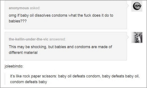 diagram - anonymous asked omg if baby oil dissolves condoms what the fuck does it do to babies??? thekellinunderthevic answered This may be shocking, but babies and condoms are made of different material joleebindo it's rock paper scissors baby oil defeat
