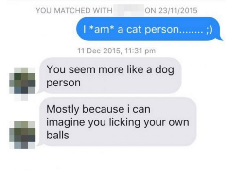 multimedia - You Matched With On 23112015 1 am a cat person........ ; , You seem more a dog person Mostly because i can imagine you licking your own balls