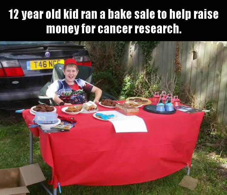 raise the roof funny - 12 year old kid ran a bake sale to help raise money for cancer research. T46 Na
