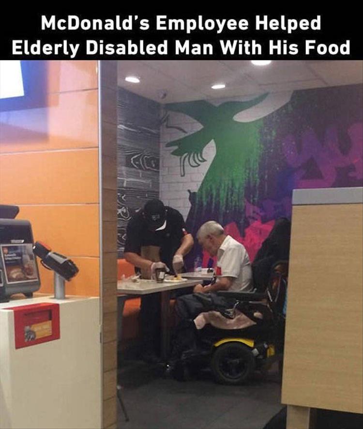 mcdonald's employee helps man eat - McDonald's Employee Helped Elderly Disabled Man With His Food