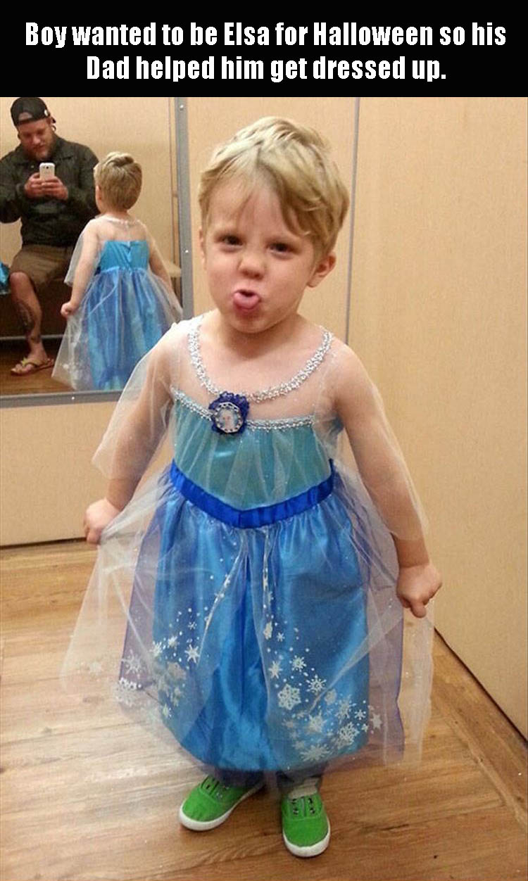 dress like elsa - Boy wanted to be Elsa for Halloween so his Dad helped him get dressed up. X