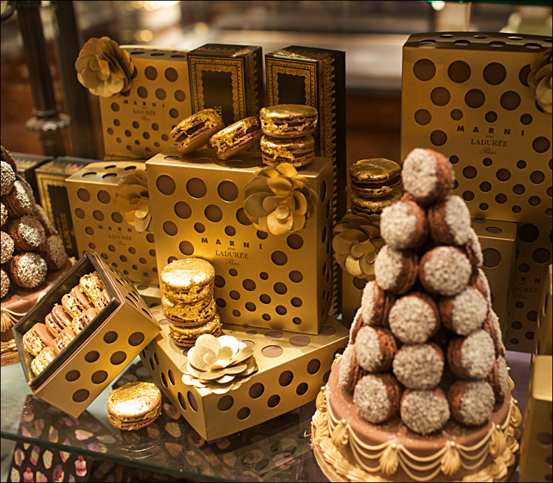 French pastry shop Ladurée joined forces with the luxury label Marni to create macaroons that fuse food with fashion. Every bite-sized morsel is created with high-end ingredients and to top it all off, each macaroon is covered with edible gold sheets.