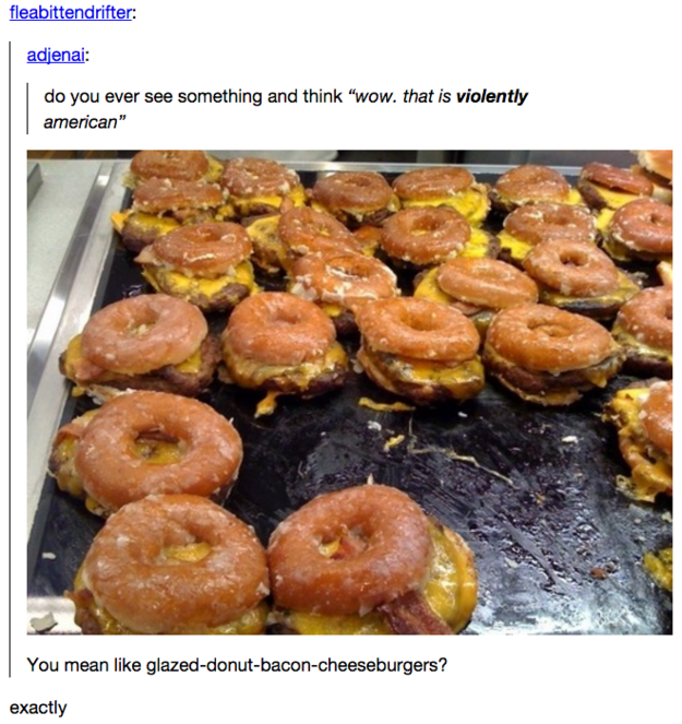 tumblr - krispy kreme burger - fleabittendrifter adjena do you ever see something and think "wow. that is violently american" You mean glazeddonutbaconcheeseburgers? exactly