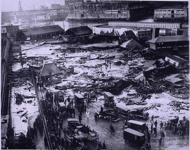 The Great Molasses Flood struck Boston on January 15, 1919 when a 90-foot tank containing 2.5 million gallons of crude molasses exploded due to an overnight rise in temperature.