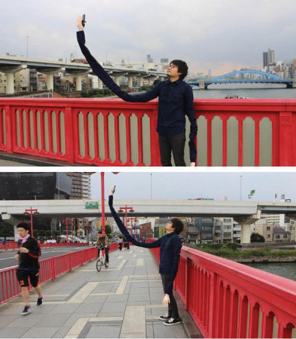 A man that was too embarrassed to use a traditional selfie stick so he created his own special extended long arm selfie stick.