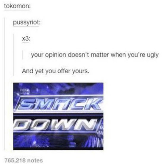 tumblr - multimedia - tokomon pussyriot X3 your opinion doesn't matter when you're ugly And yet you offer yours. Smack Down 765,218 notes