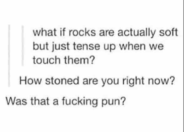 pun funny quotes and sayings - what if rocks are actually soft but just tense up when we touch them? How stoned are you right now? Was that a fucking pun?