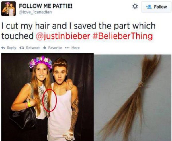 crazy justin bieber fan - Me Pattie! 4 I cut my hair and I saved the part which touched Thing e RetweetFavorite ... More