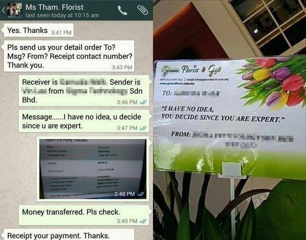 minimal effort have no idea you decide since you - K Ms Tham. Florist last seen today at Yes. Thanks Pls send us your detail order To? Msg? From? Receipt contact number? Thank you. Flerat gye www. www Receiver is la from Bhd. Sender is Sdn Vi To "Thave No