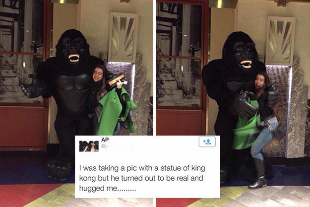 photo caption - I was taking a pic with a statue of king kong but he turned out to be real and hugged me.........