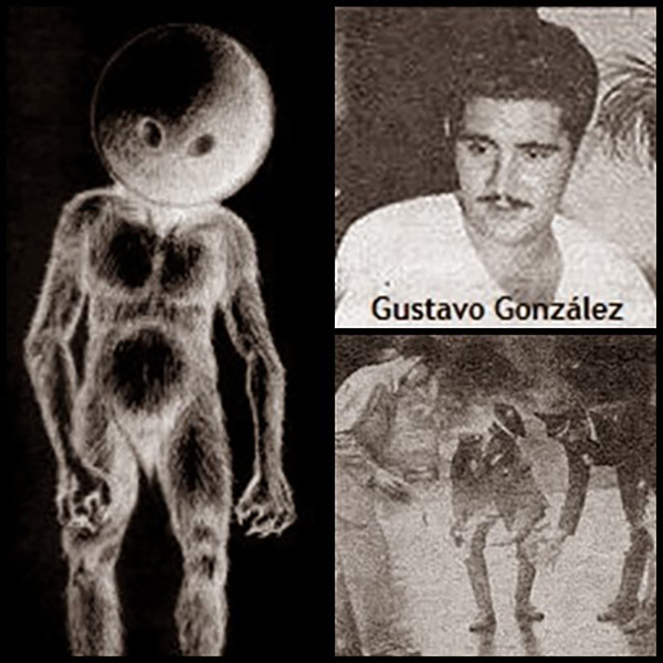 In 1954, Gustavo Gonzalez and Jose Ponce were driving down a deserted road in Caracas, Venezuela when they found a giant luminescent sphere hovering low and blocking the street. Gonzalez got out to investigate, and a hatch opened on the ship. Out came 3 short, hairy humanoids. One of them jumped on Gonzalez, and he couldn’t shake him off because the alien was light, but strong. Gonzalez was reportedly thrown 15 feet into the air. He then tried to stab the alien with his knife, but found that its body was like steel. Regardless, the aliens got back into the ship and flew away.