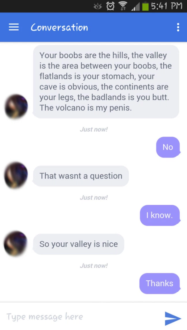 Creepy texter ruins his chances with strange geographical pickup lines