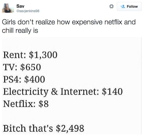 document - Sav savjenkins98 Saxenking88 Girls don't realize how expensive netflix and chill really is Rent $1,300 Tv $650 PS4 $400 Electricity & Internet $140 Netflix $8 Bitch that's $2,498