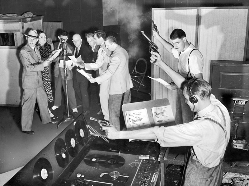 Recording an episode of “Gang Busters”, true crime radio show, New York, 1930’s