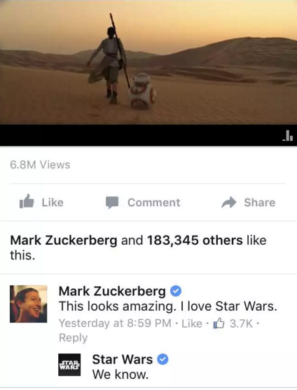 video - 6.8M Views Comment Mark Zuckerberg and 183,345 others this. Mark Zuckerberg This looks amazing. I love Star Wars. Yesterday at . Star Wars We know.