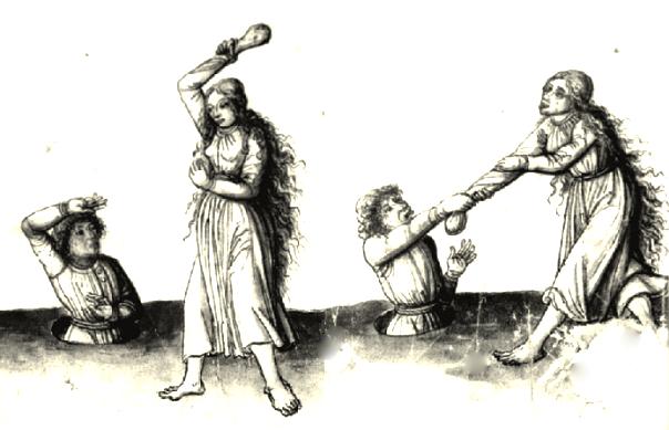 In medieval Germany, married couples could legally settle their disputes by fighting a Marital Duel. To even the field, the man had to fight from inside a hole with one arm tied behind his back. The woman was free to move and was armed with a sack filled with rocks.