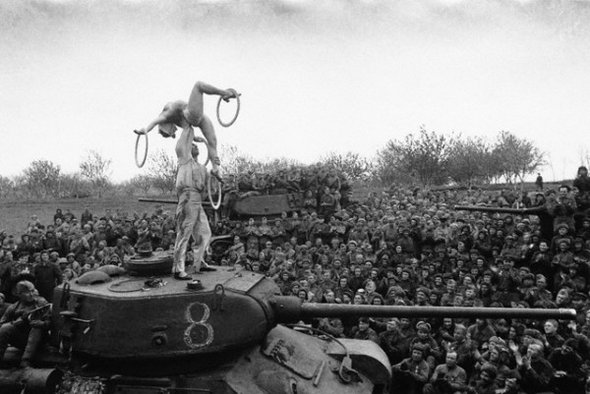 Soviet soldiers are treated to a performance similar to the American USO shows in 1945.