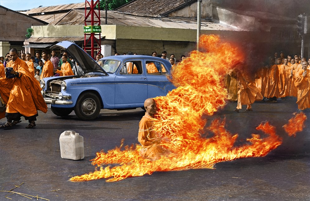 Buddhist Monk Thích Quảng Đức burns himself to death at a Saigon intersection protesting the persecution of Buddhists in Vietnam.