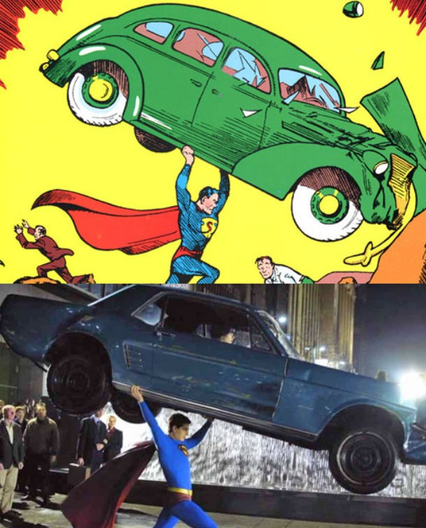 Superman Returns: In a scene fairly early on, Superman saves a woman in a car after the brakes have been cut. Only a few moments later, Perry White shows two pictures of the event to Jimmy and Lois. The picture of Superman holding up the car is based on the cover of Action Comics #1, in which Superman first appeared. This might be painfully obvious to fans of the Superman comics, but this doesn’t necessarily apply to many fans of the Superman movies.