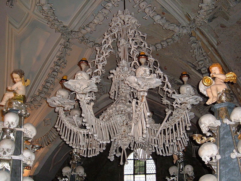 The chandelier in the Sedlec Ossuary in Kutná Hora, Czech Republic, is made of at least one of every human bone.