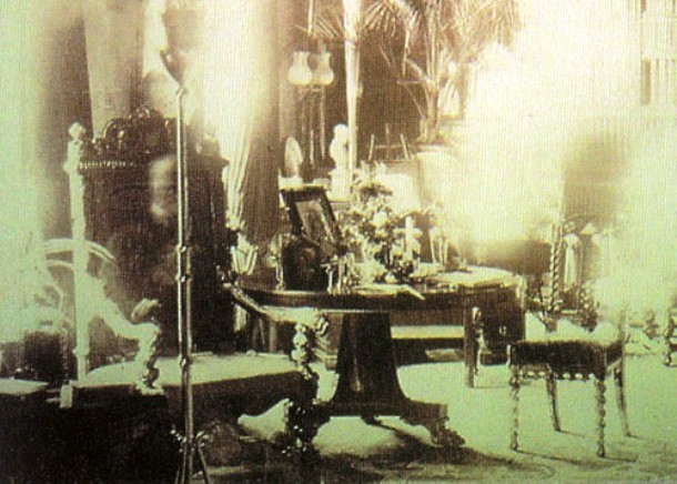 This photograph of the library in the Combermere Abbey, a former monastery in Cheshire, England, was taken by Sybell Corbet in 1891. The ghostly figure of a man sitting in the chair is reputed to be the ghost of Lord Combermere, a local viscount. The problem is the picture was taken during the viscount´s funeral that was held 4 miles away from the library.