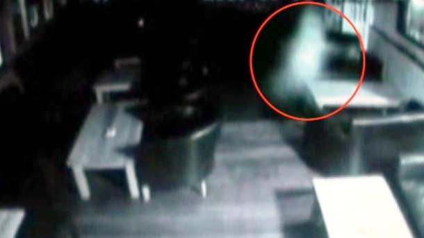 This white spirit appeared one night just after midnight at the Wolfe Pub in Penrith, Cumbria, UK. In a bizarre 35-second sequence filmed by the security camera, the ghost-like ball of light is seen descending through the ceiling. It then appears to assume the likeness of a face before disappearing through the ceiling. Locals say the building was once used as a funeral parlor.