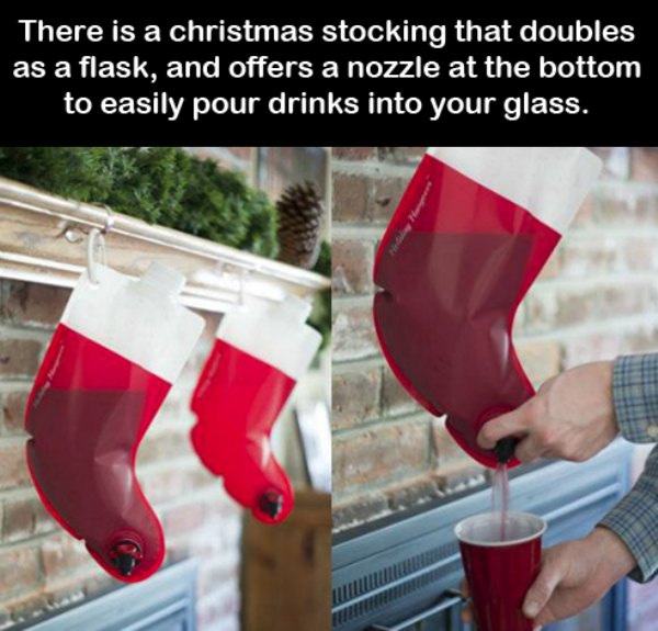 santa stocking flask - There is a christmas stocking that doubles as a flask, and offers a nozzle at the bottom to easily pour drinks into your glass.