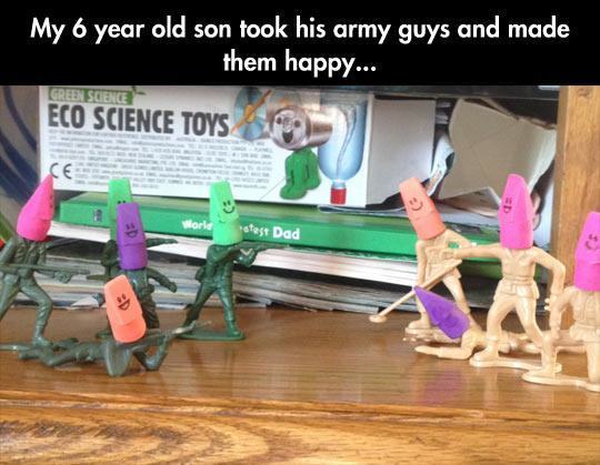Pic, 19. - My 6 year old son took his army guys and made them happy... Eco Science Toys Green Science stest Dad
