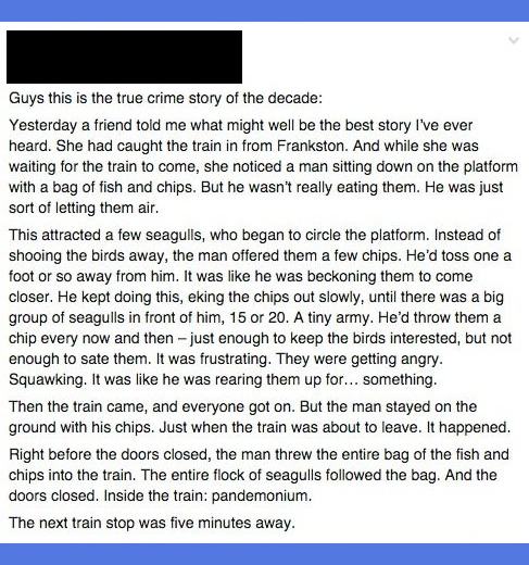 document - Guys this is the true crime story of the decade Yesterday a friend told me what might well be the best story I've ever heard. She had caught the train in from Frankston. And while she was waiting for the train to come, she noticed a man sitting