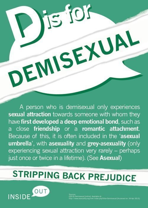 Some people identify as demisexuals, which means that sexual attraction is only possible for them when there is first a deep emotional connection.