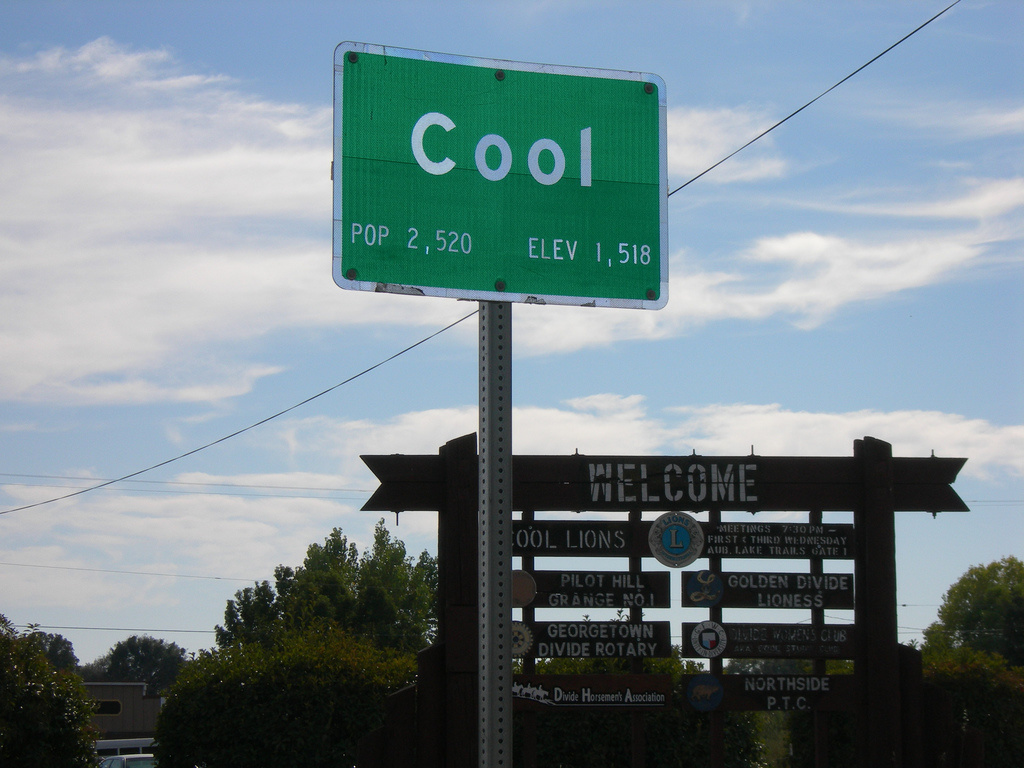 There are towns called "Cool" and "Squabbletown" in California.