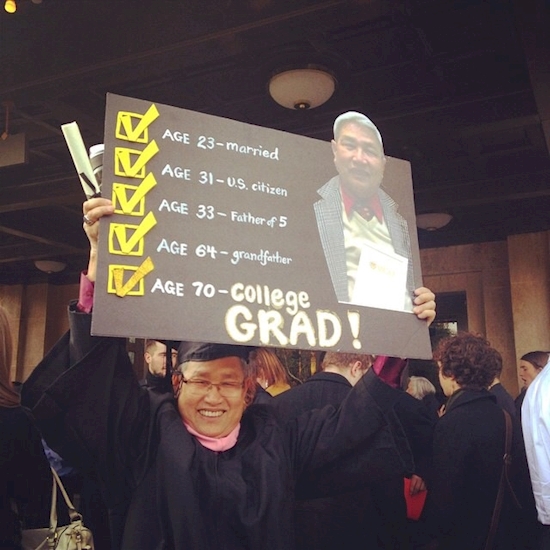 old people graduating college - Age 23married Age 310.5. citizen Age 33 Father of 5 Age 64 grandfather Age 70College Grad!