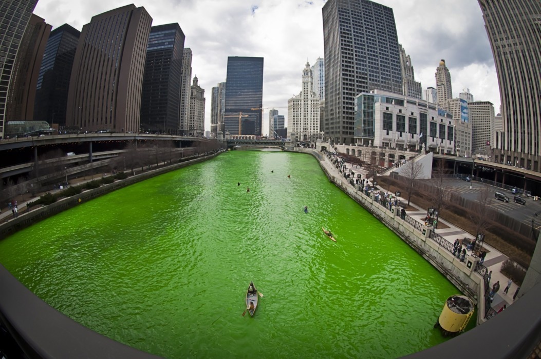 The Chicago River dyed green for St. Patrick's Day.