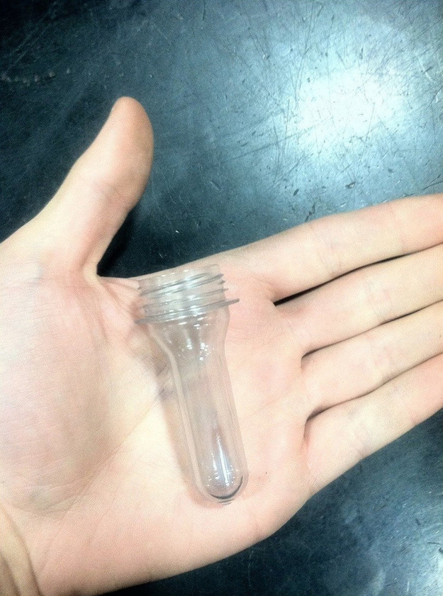 What a soda bottle looks like before it's blown out.