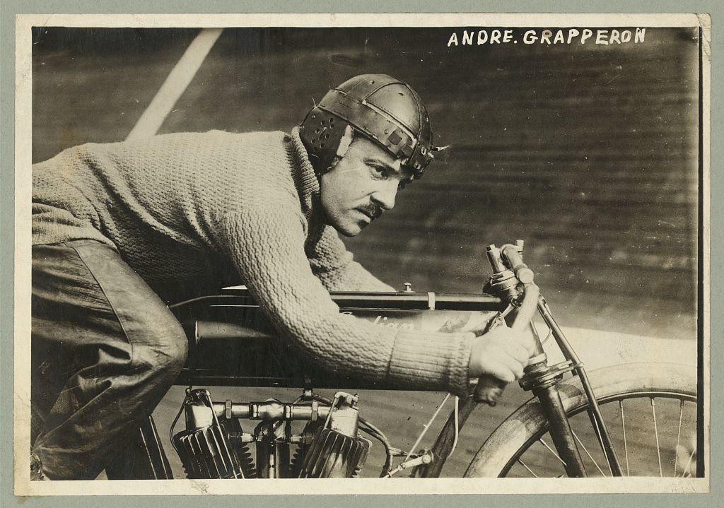 1913: André Grapperon, a French champion motorcyclist, rides his 1912 Indian Board Track V-twin.