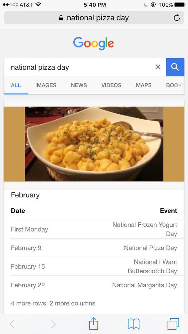 google real name search funny - 000 At&T C 100% . national pizza day Google national pizza day All Images News Videos Maps Book February Date Event First Monday National Frozen Yogurt Day February 9 National Pizza Day February 15 National I Want Buttersco