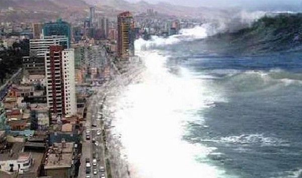 Indian Ocean.
This photo made its way around the world after the 2004 Indian Ocean shorelines tsunami. It turns out that this is really a photo of Antofagasta, Chile with waves photoshopped in.