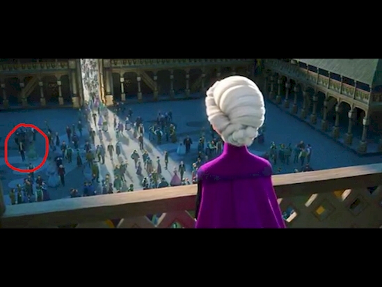 Tiana and Naveen from The Princess and the Frog appear at Elsa’s coronation in Frozen.