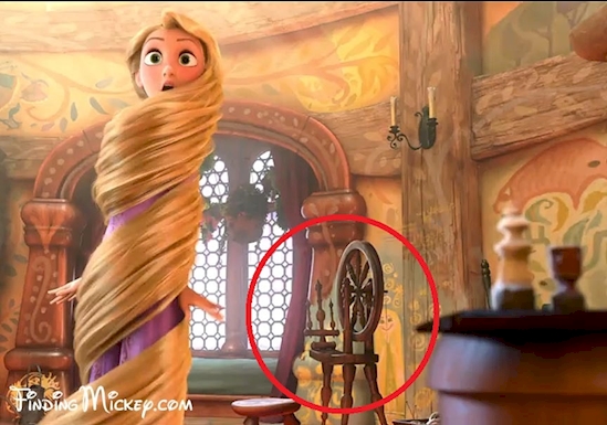 The spinning wheel in Tangled is the same one that put Aurora to sleep in Sleeping Beauty.