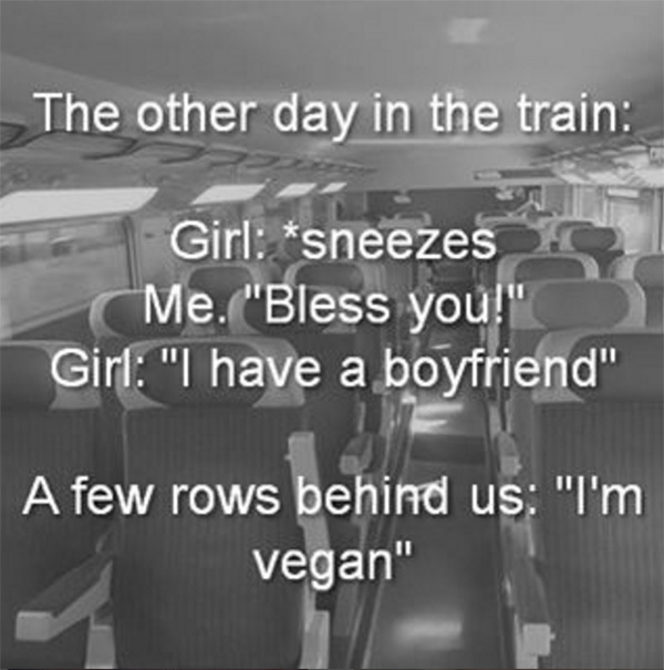 im vegan i have a boyfriend - The other day in the train Girl sneezes Me."Bless you!" Girl "I have a boyfriend" A few rows behind us "I'm vegan"