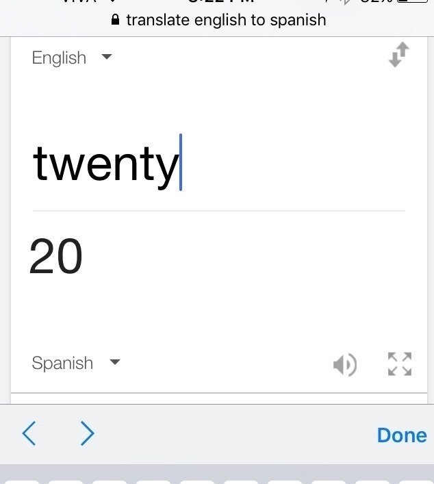 number - Pu A translate english to spanish English twenty 20 Spanish  Done
