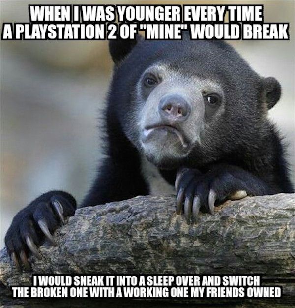 Sad bear meme about how whenever he had a playstation break he would switch it with his friends working one