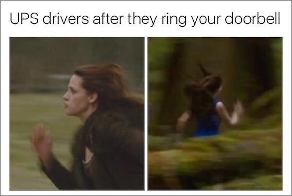 Meme of woman running as what UPS driver does right after they ring your doorbell